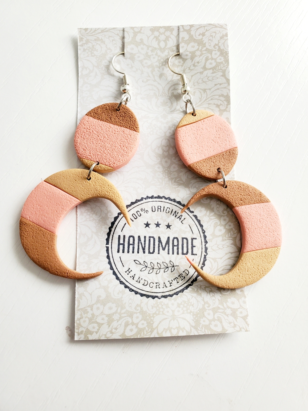 Handmade Pink, Tan & Cream Crescent Polymer Clay Earrings